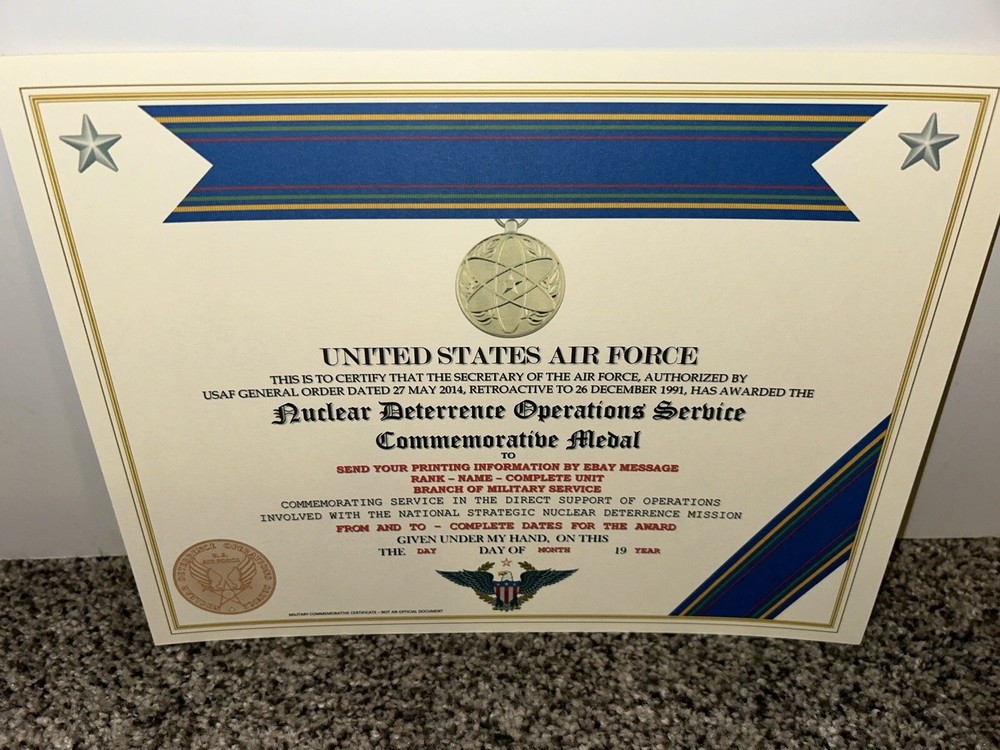 NUCLEAR DETERRENCE OPERATIONS MEDAL COMMEMORATIVE CERTIFICATE ~ W/PRINTING T-1