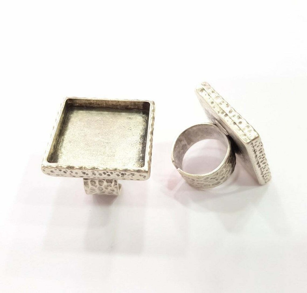 Hammered Square Ring Blank Base Bezel Setting Adjustable Antique Silver