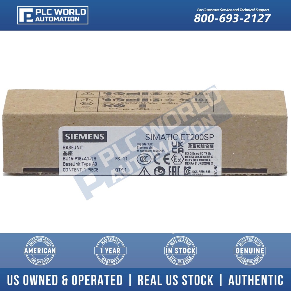 Siemens 6ES7193-6BP00-0BA0 SIMATIC ET 200SP Base Unit BU15-P16+A0+2B, New Sealed