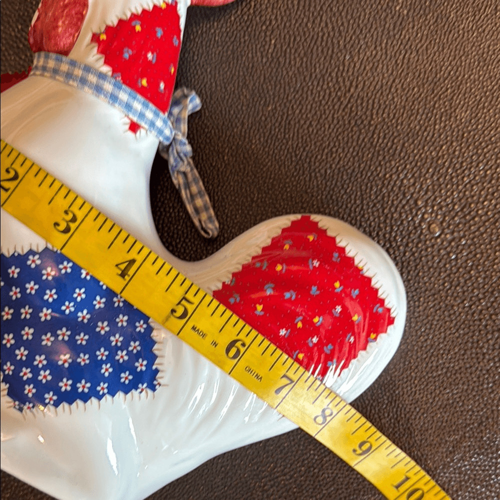 Patchwork Rooster Figurine - Red, Blue, and White Ceramic