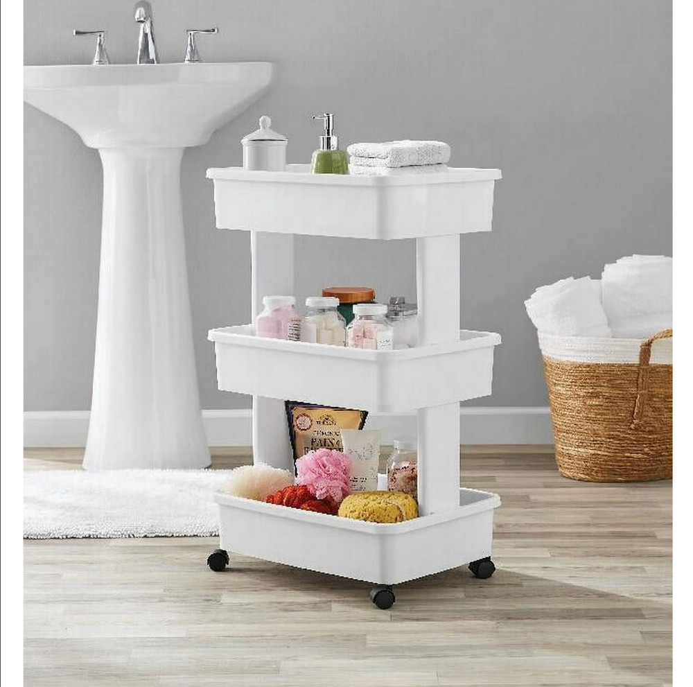 Mainstays 3-Tier Plastic Rolling Laundry Cart, Arctic White