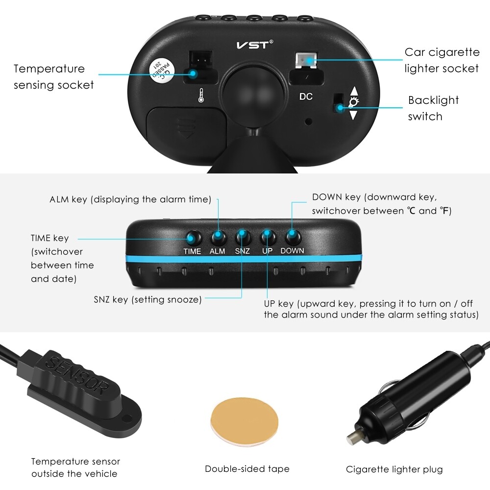 Mini Car Dash Panel Blue LED Digital Thermometer/Voltmeter/Clock Voltage Gauge
