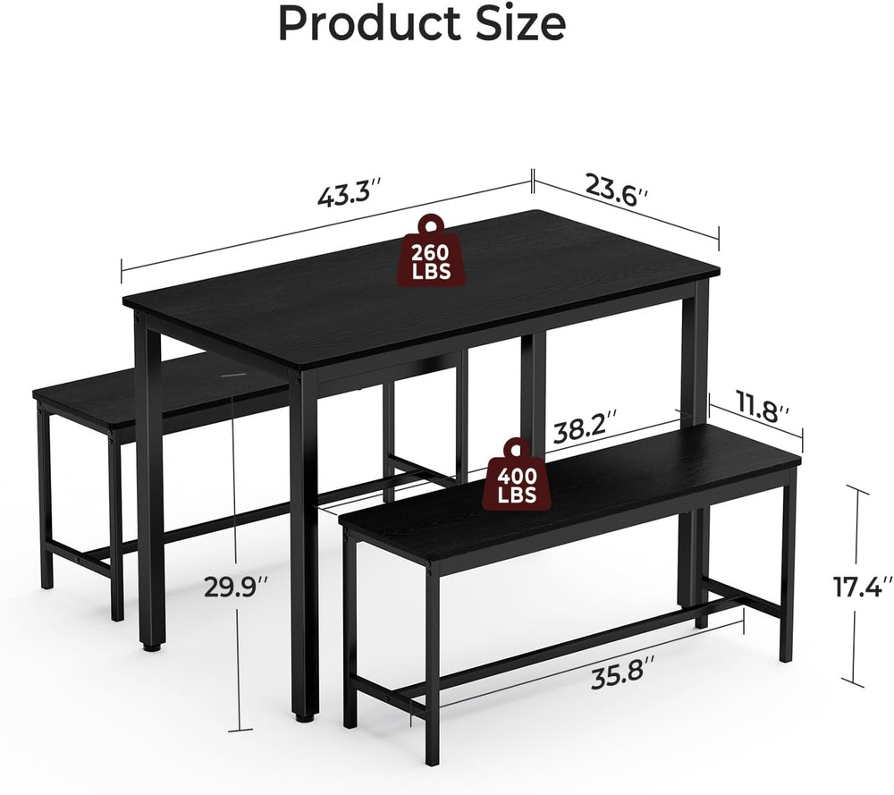 Tatub Dining Table Set for 4, 3-Piece Kitchen Table with 2 Benches, Space-Saving