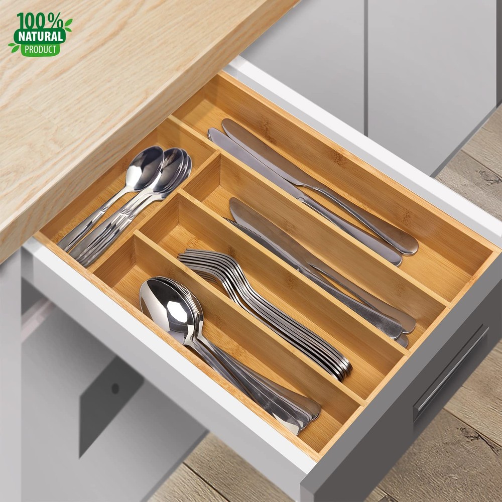 guiogc Kitchen Bamboo Silverware Drawer Organizer，Silverware 5 Slot, Natural