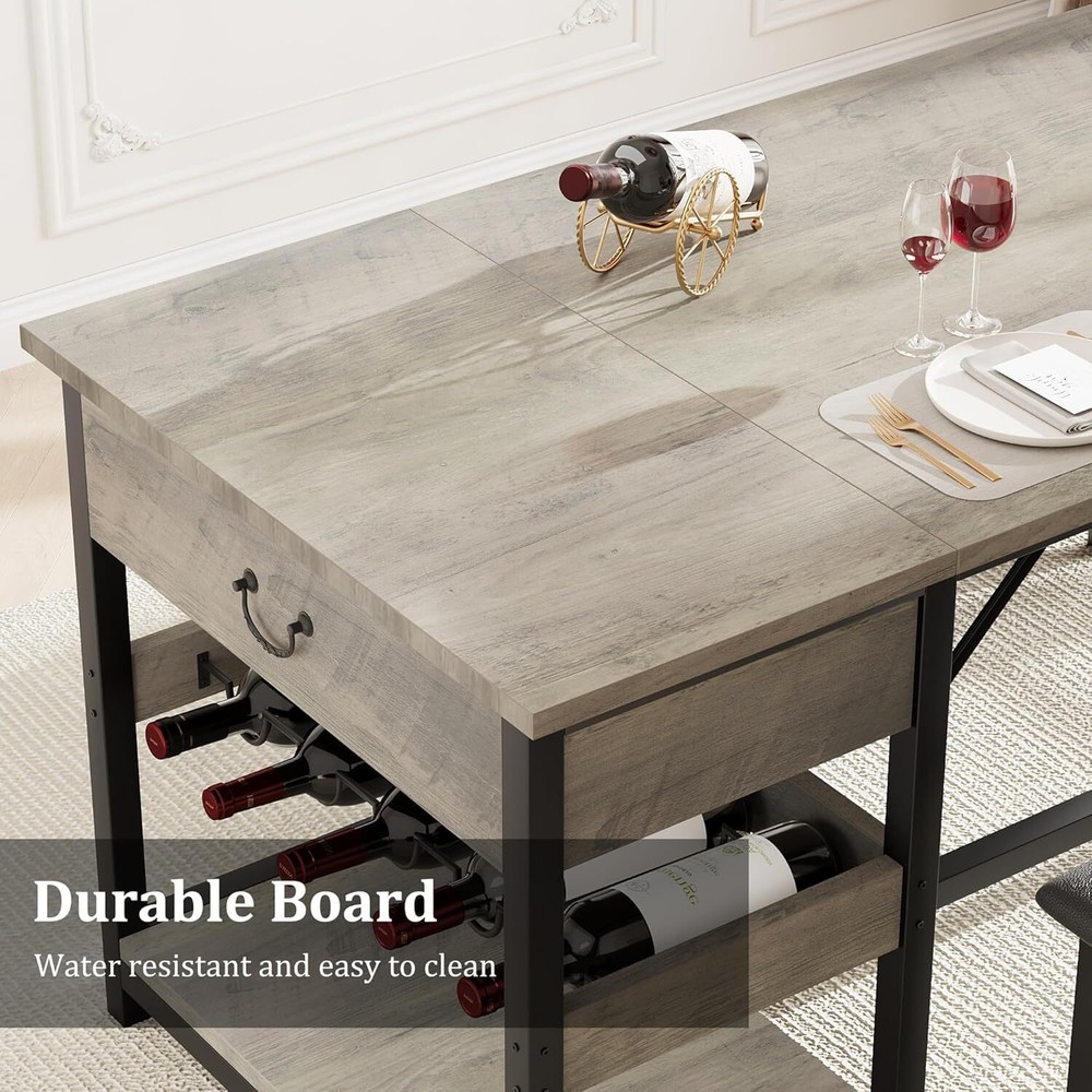 New Dining Table Set for 4 Kitchen Table and 2 Benches, Drawers ,Wine Rack ，Grey