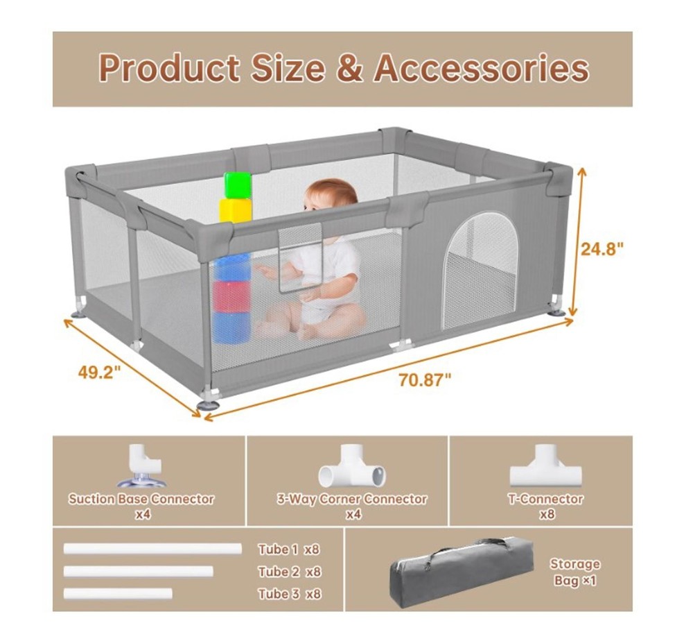 Play Yard with Storage Bag, 71"x50" Gray