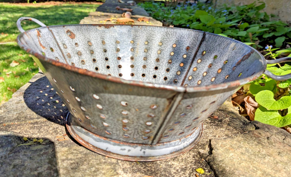 Antique Graniteware Colander Enamelware Strainer Rustic Primitive Farmhouse