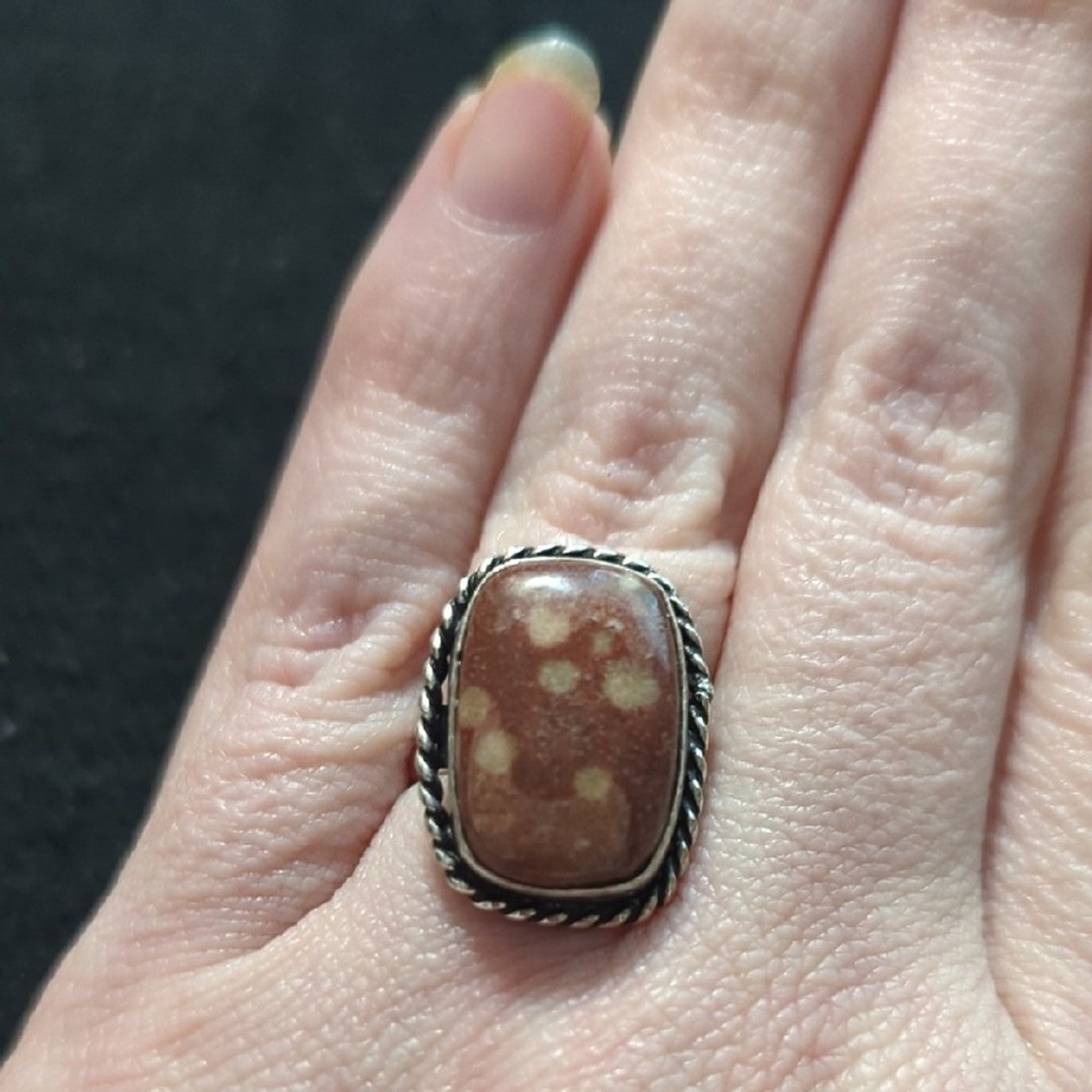Silver Plated Brown Peanut Jasper Gemstone Rectangular Statement Ring - size 5-7
