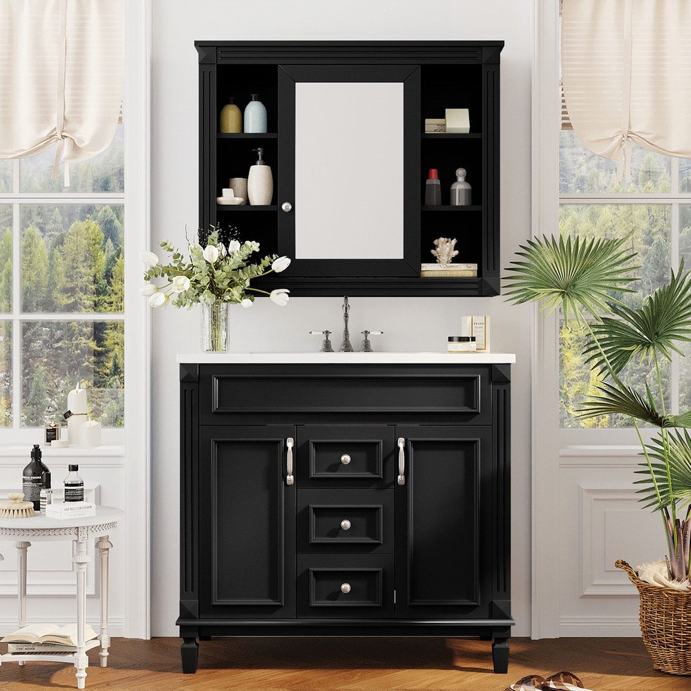 36" Bathroom Vanity with Sink & Mirror, Soft Close Doors, Black Storage Cabinet