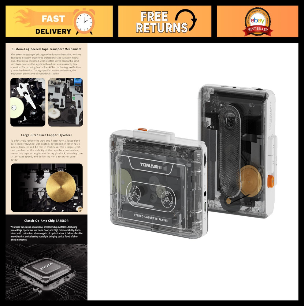 TOMASHI Portable Cassette Player with Bluetooth Transmitter, Cassette Stereo Pla