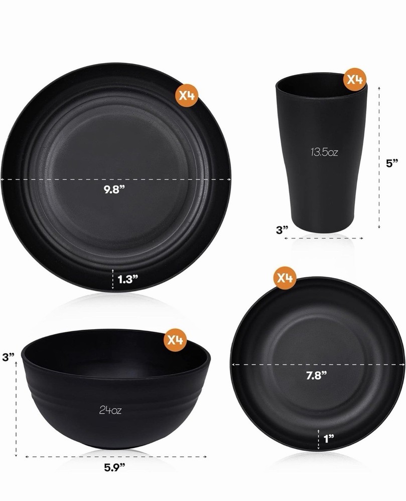 Wheat Straw Dinnerware Set 16pcs Unbreakable Dishwasher Microwave Safe Black