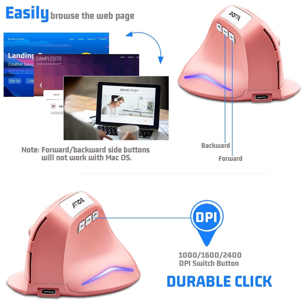 Wireless Vertical Ergonomic Optical Mouse Pink Computer Mouse with 3 Adjustab...
