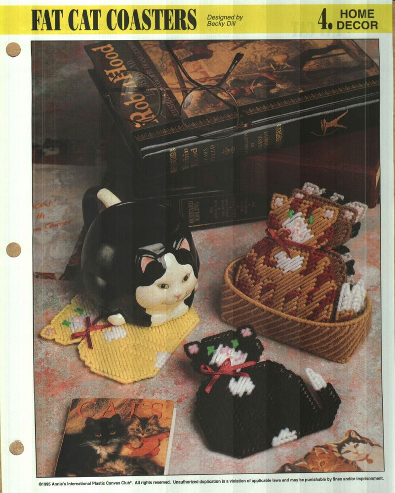 NEW FAT CAT COASTERS HOME DECOR ANNIE'S PLASTIC CANVAS PATTERN INSTRUCTIONS HTF