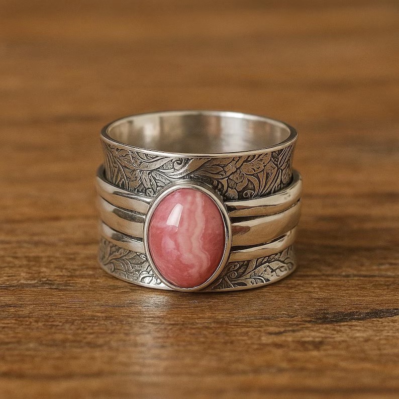 Solid 925 Sterling Silver Rhodochrosite Gemstone Spinner Handmade Women's Ring