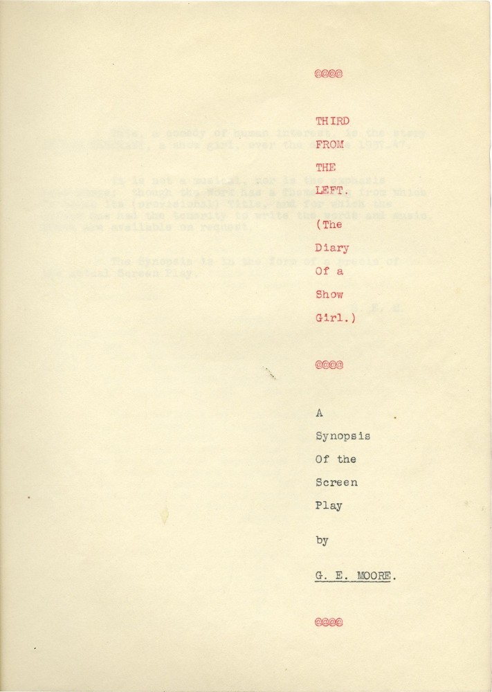 G E Moore THIRD FROM THE LEFT Original treatment script for an #142326