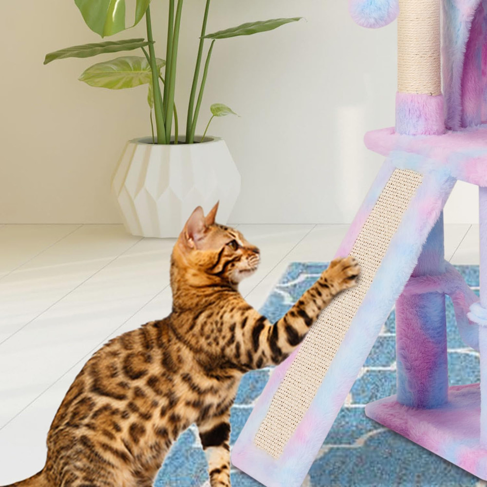 Rainbow Cat Tree Tower with Scratching Post, Hammock & Hanging Ball