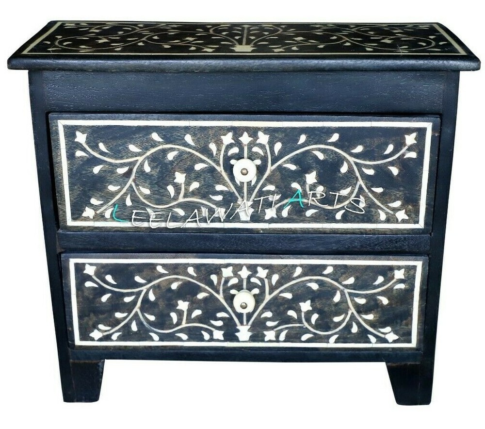 Wood inlay bedside 2 drawer bone inlay bedside