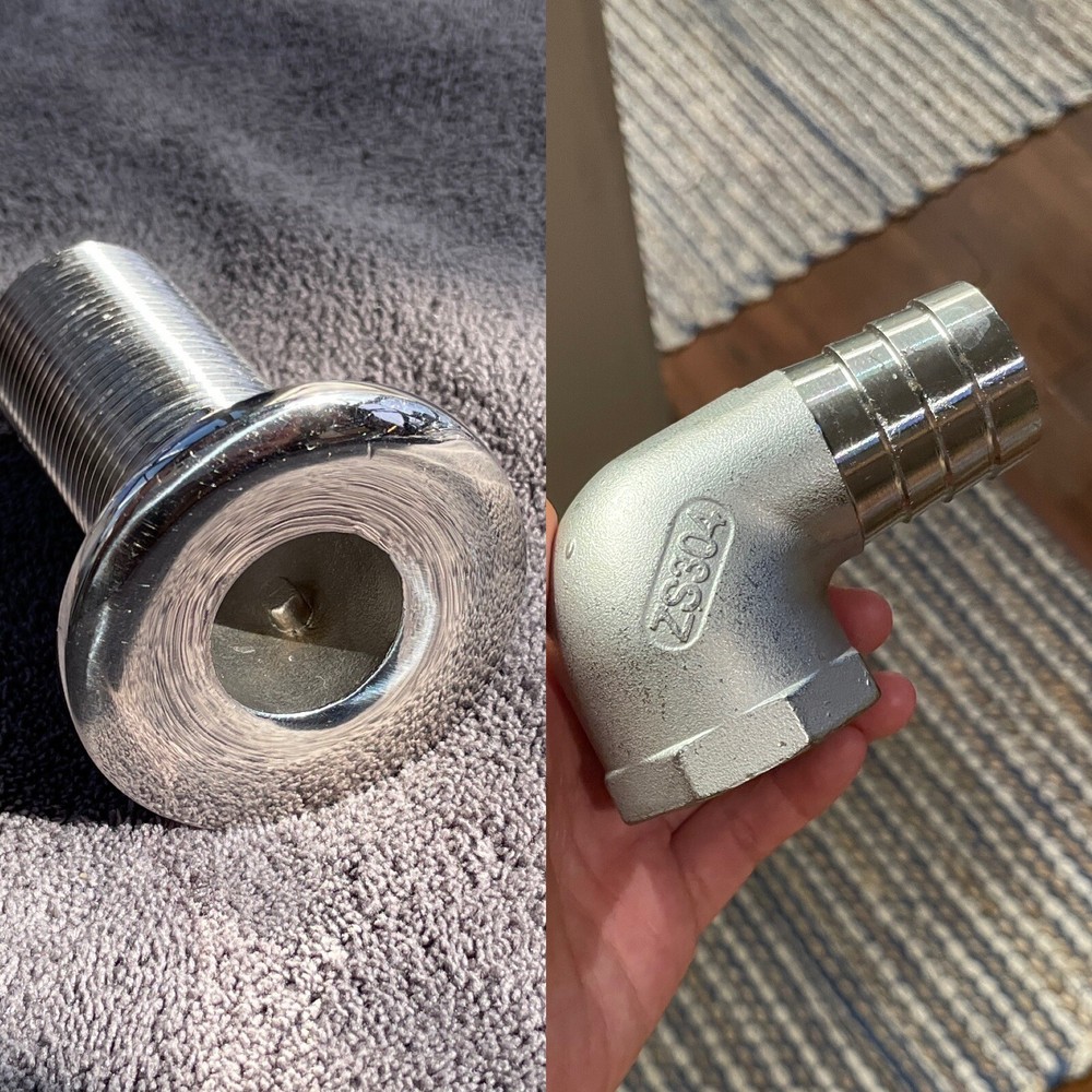 316 Stainless Through Hull Fitting 1-1/2" W Thread To Pipe Elbow Adapter