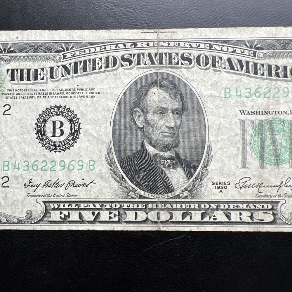 1950-A $5 ERROR NOTE ✪ PRINTING ON REVERSE ✪ OFFSET TRANSFER - Rare!
