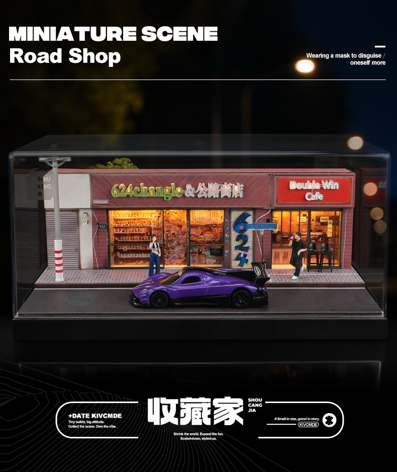 1/64 Mini Dust-Proof Simulation Light Road Stop Scene Set Model & 2 Doll Toys
