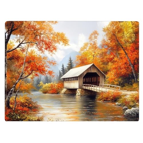 Fall Season Covered Bridge Pattern Kitchen Glass Cutting Board Decorative Mot...