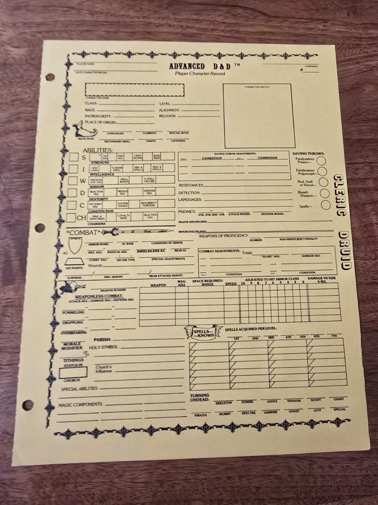 AD&D REF2 Player Character Record Sheet Singles Cleric/Druid TSR