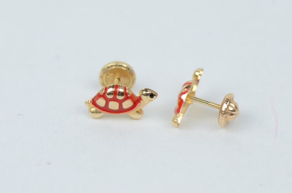 14K Yellow Gold Turtle Screw Backs Children's Stud Earrings
