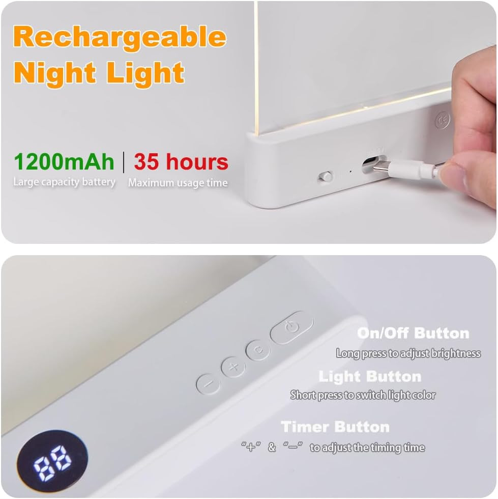 Rechargeable LED Book Light with 3 Colors & Timer - Dimmable Flat Panel (Pink)