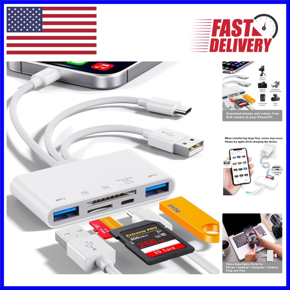 Compact 5-in-1 SD Card Reader for iPhone/iPad with Fast Transfer & Charging