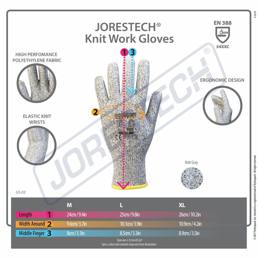 12 Pairs JORESTECH Cut Resistant Level 3 Work Gloves