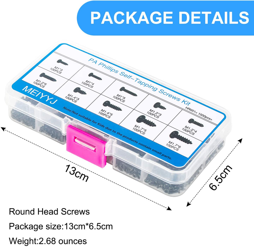 Pack of 1000 Small Multi-Purpose Self-Tapping Electronic Screws Assortment Kit