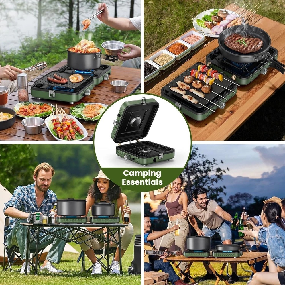 Versatile 2-Burner Foldable Camping Stove with Dual Griddle – Compact & Portable