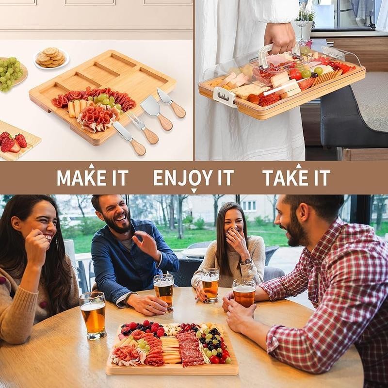 Portable Charcuterie Board W/ Lid & Handle 4 Cheese Tools Perfect Picnic Durable