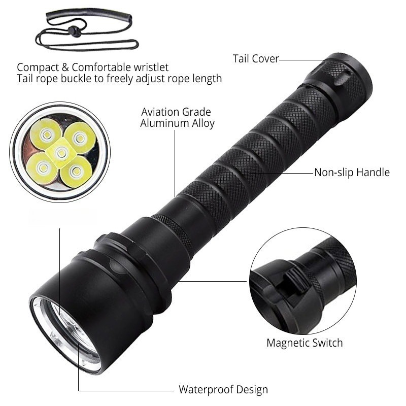 10000lM Diving Flashlight Torch Scuba Light UnderWater 220m Depth Flashlight