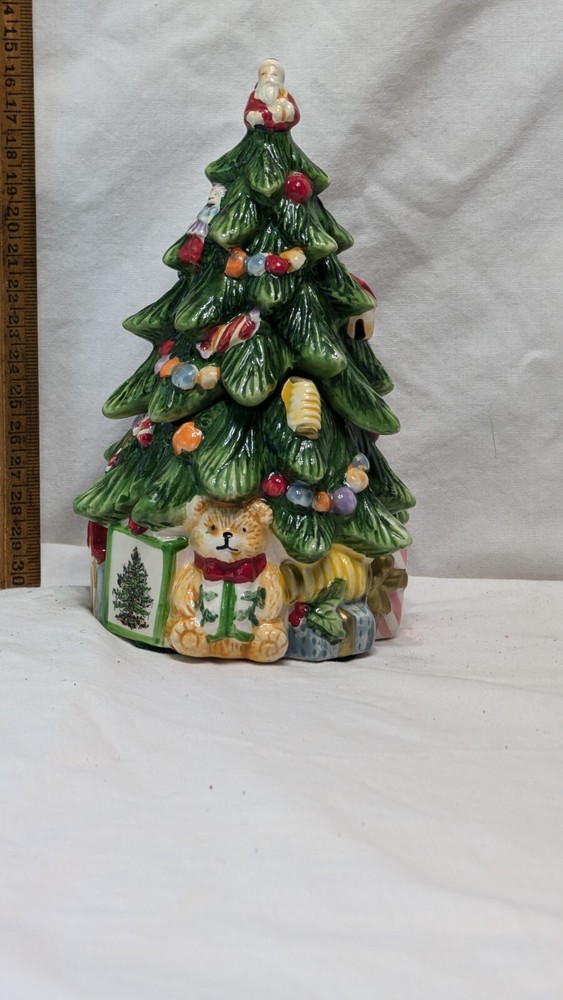 2 pc. 7" Spode Ceramic Decorated Xmas Tree Candy Box Hand Painted in Nice Con.