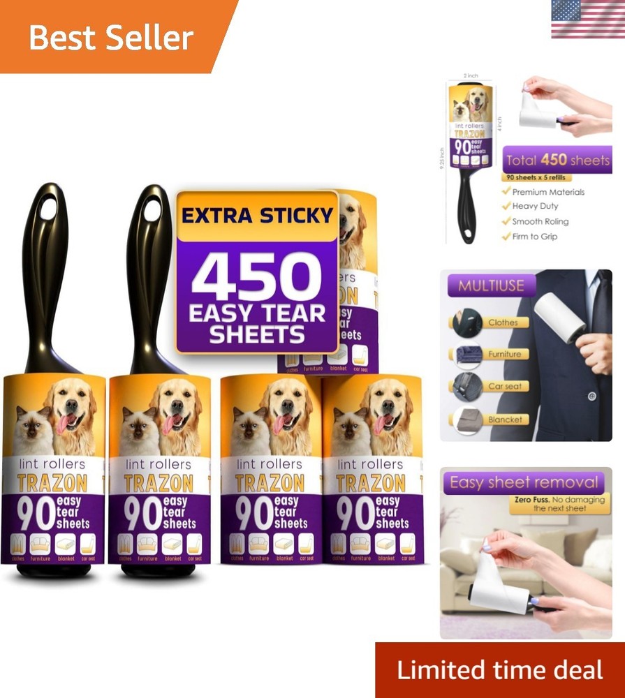 Lint Rollers Value Pack of 450 Sheets / 5 Refills, Sticky Roller, Lint Remove...