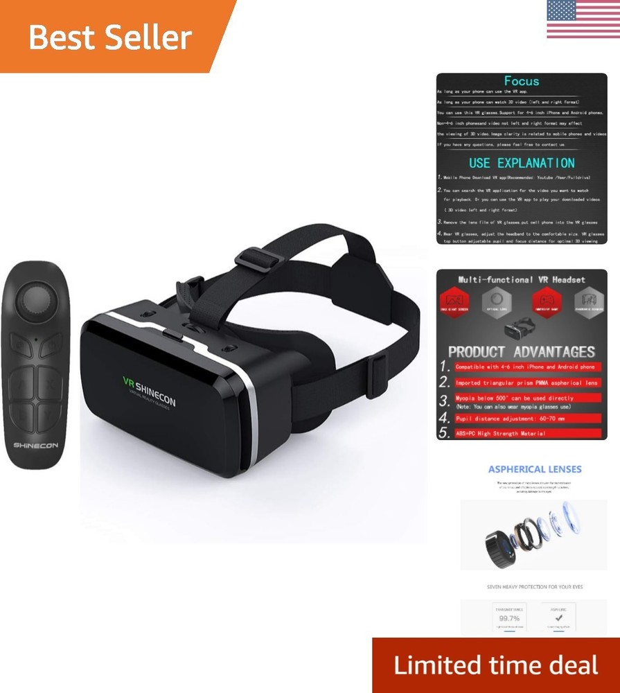 HD Virtual Reality Headset w/Controller/Gamepad,VR Headsets for iPhone/Androi...