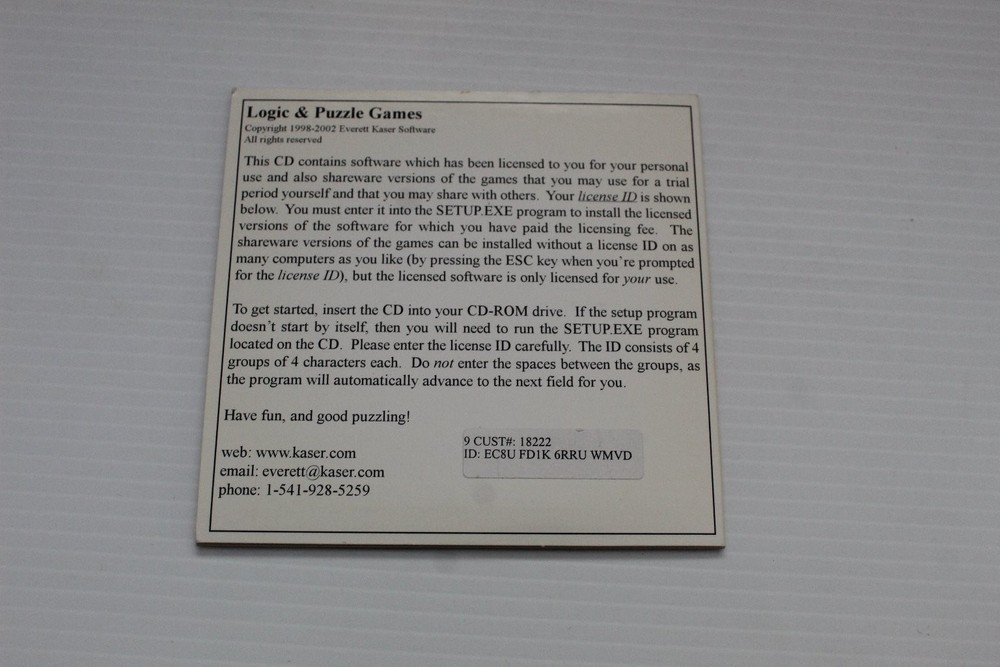 Logic & Puzzle Games Software Everett Kaser CD-ROM 2002 Shareware PC