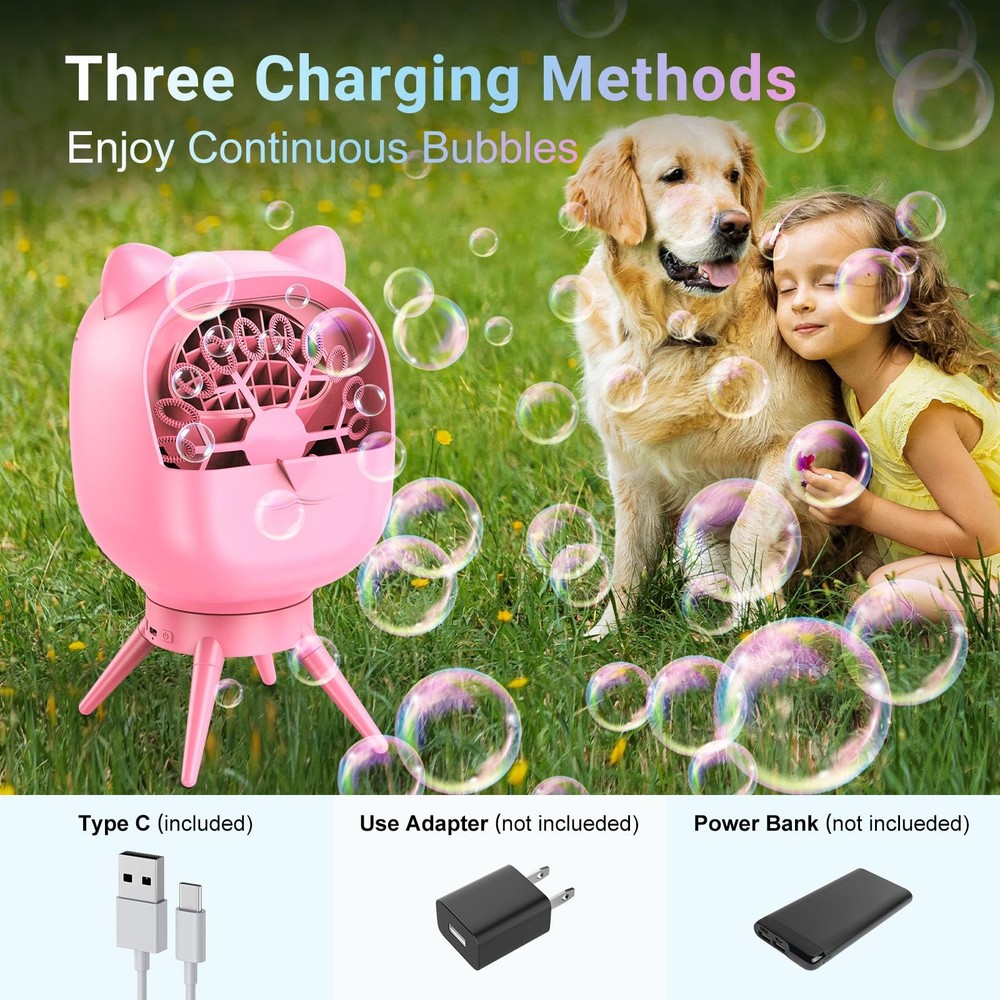 UckPure Automatic Bubble Machine Rechargeable Rotatable Pink 38000+ Bubbles/Min