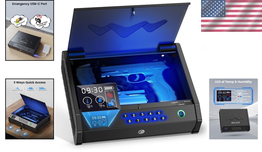 Two-Gun Biometric Safe with Temperature & Humidity LCD - Secure Bedroom Storage