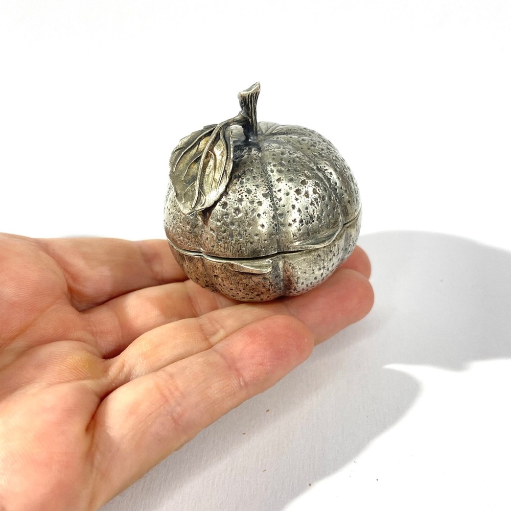 Vintage Italian Pumpkin shape Solid Silver  Pill Box ,  hallmarked pillBox