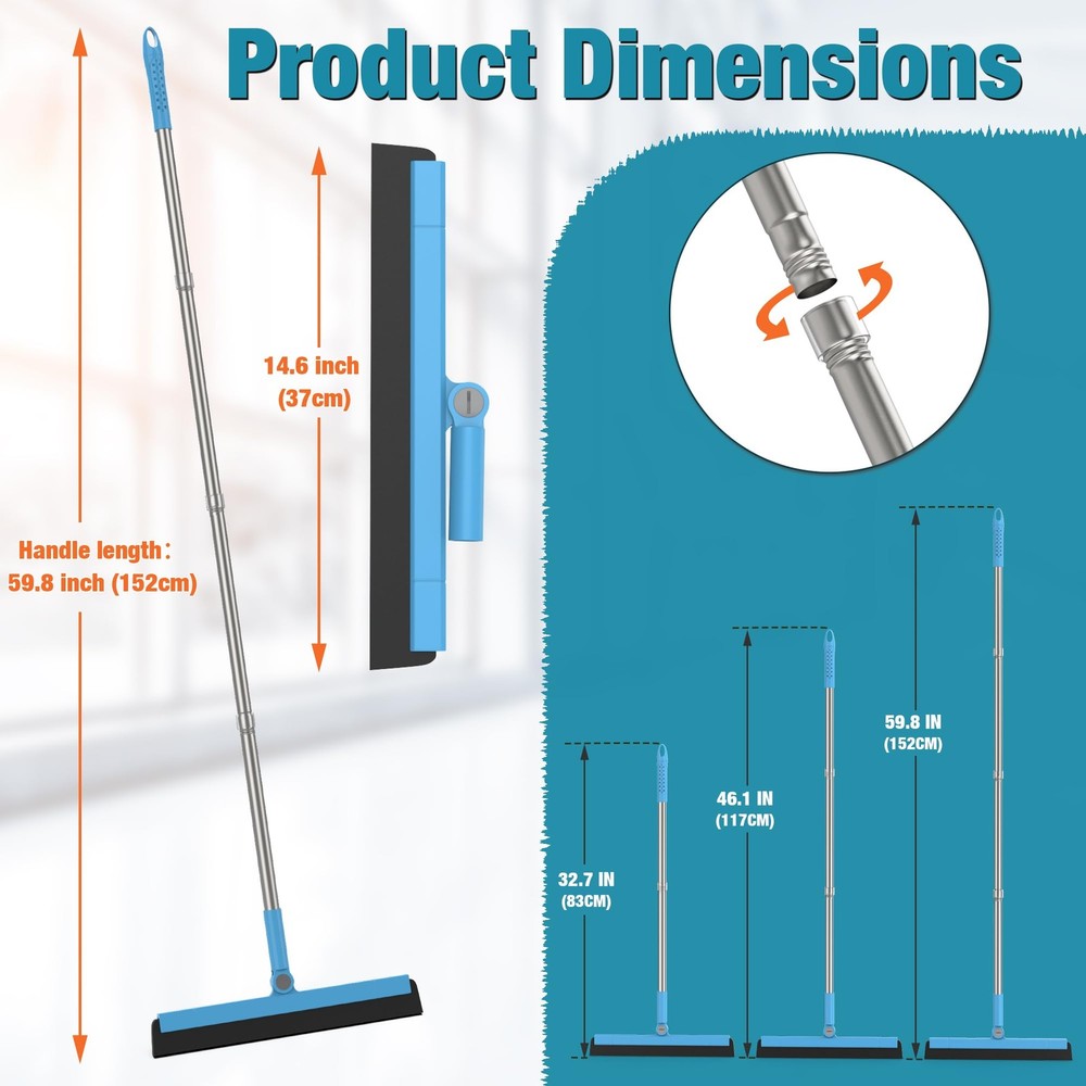 KOLLIEE Floor Squeegee Adjustable 59'' Long Handle Blue Squeegee,