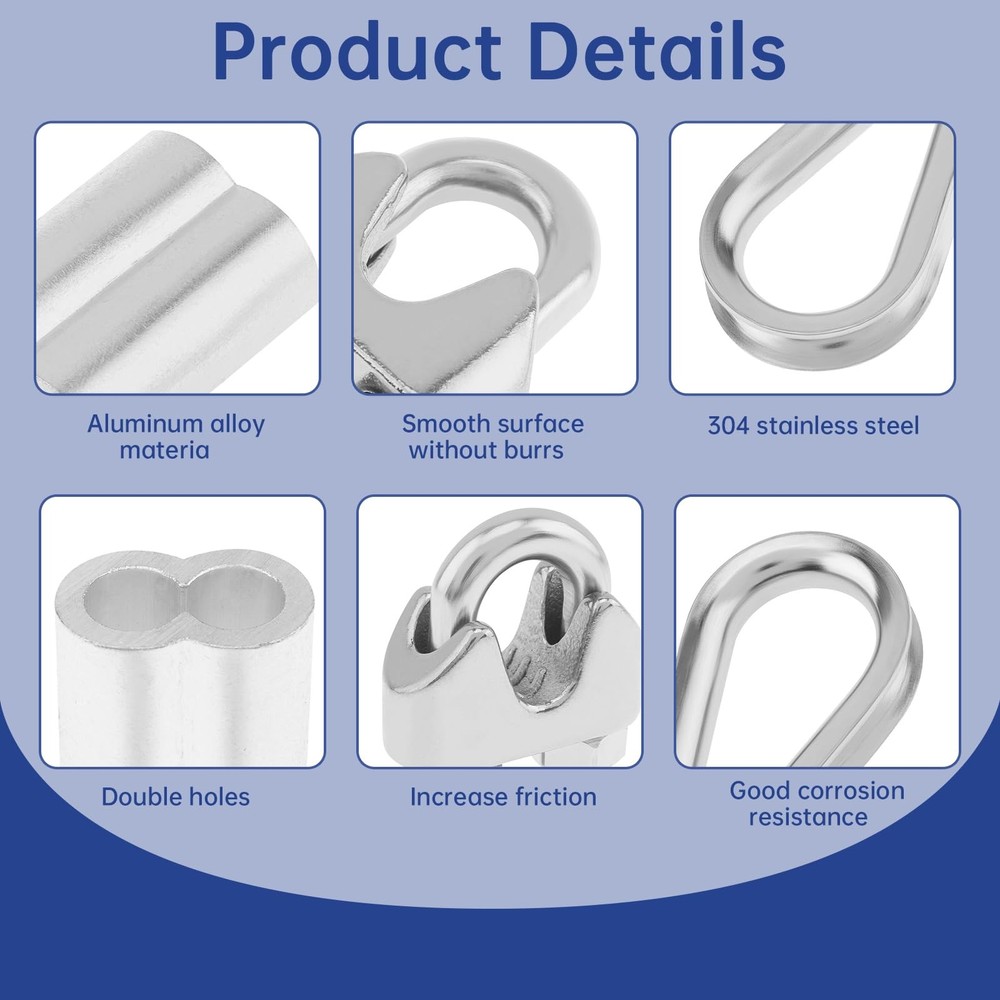 24 Pcs M10 Cable Clamp Thimble Ferrule Set 3/8" Wire Rope Rigging Accessories...