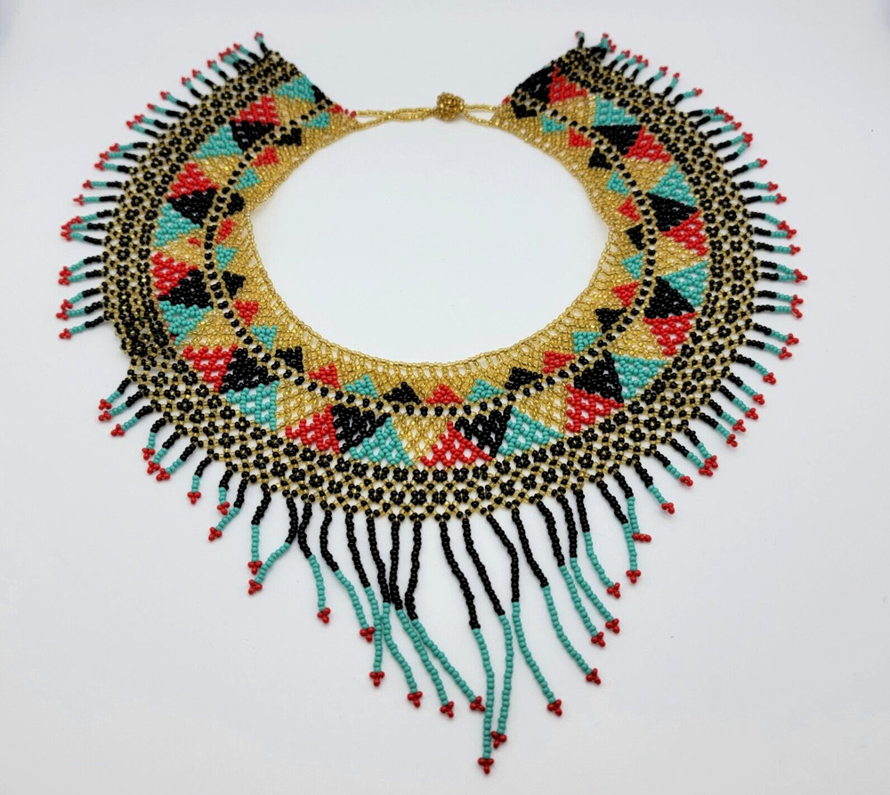 Native Style Multicolor Seed Bead Macrame Collar Necklace Artisan Statement