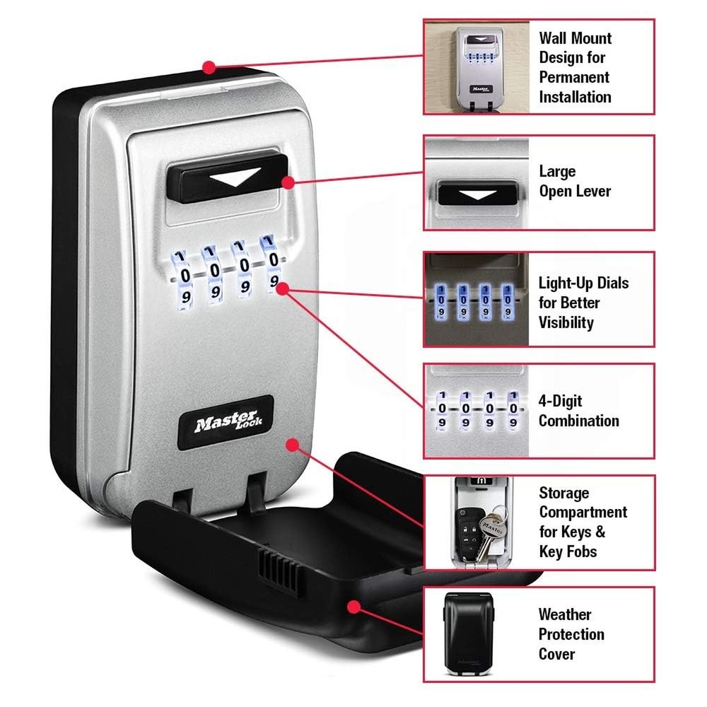 Master Lock Black Wall Mount Key Lock Box with Light Up Dials, Set/Reset Comb...