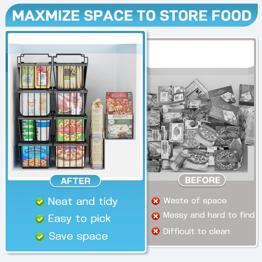 Freezer Organizer with Handles, 4 Pack Stackable Storage Bins, Black