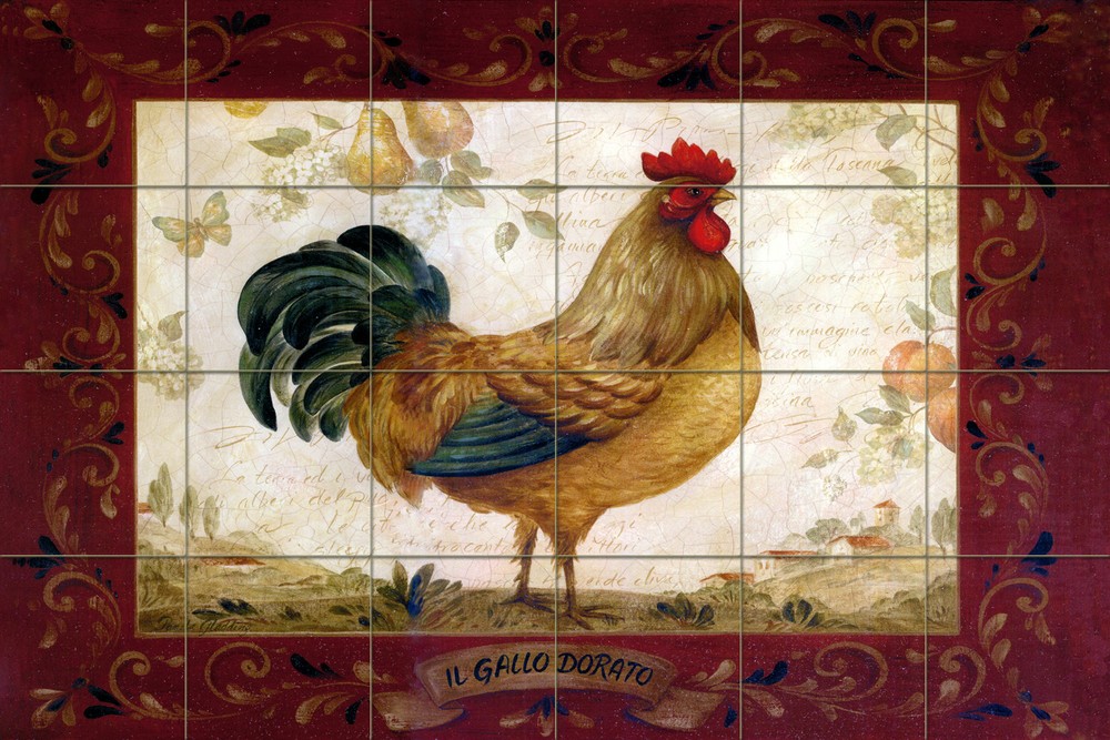 24 x 16 Travertine Vivid Art Rooster Kitchen Mural Backsplash Bath Tile #322