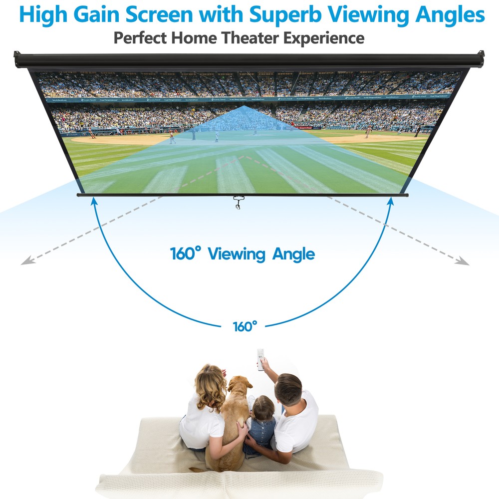 80" Diagonal Projection Projector Screen Manual Pull Down 16:9 HD 4K Movie Black