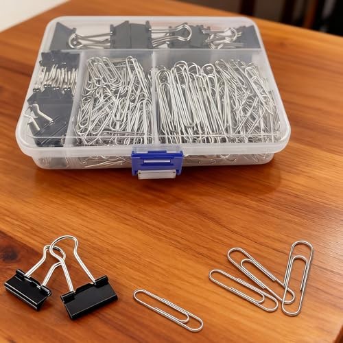 Binder and Paper Clips Set, 340 pcs Assorted Sizes in Container Black&silver