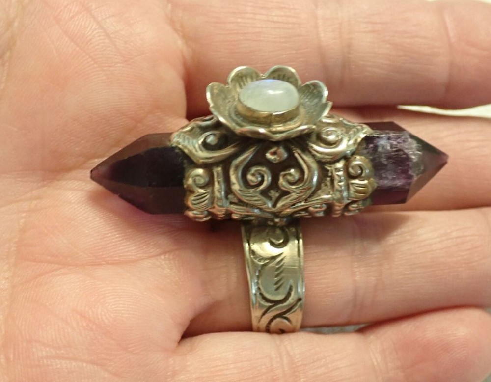 Purple Fluorite double point Ring  with Moonstone adjustable